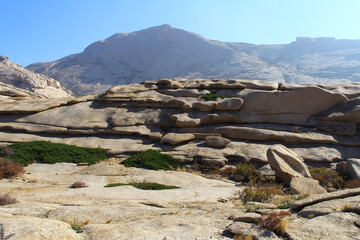 Wall Mural - Beautiful volcanic rocks and stones of various shapes in the Bektau-Ata tract, bushes and grass between the rocks, a large mountain in the background, clear sky, summer, sunny