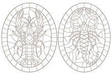 Set Of Contour Illustrations Of Stained Glass Windows With Scorpion And Cancer, Dark Contours On A White Background