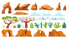 Desert Cactus Ant Rocks. Cartoon Tumbleweed, Sand Stones, And Succulent, Exotic Landscape Elements. Vector Isolated Set