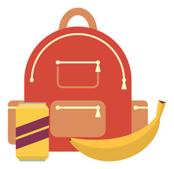 Sticker - Kid backpack with banana and soda can. School lunch icon