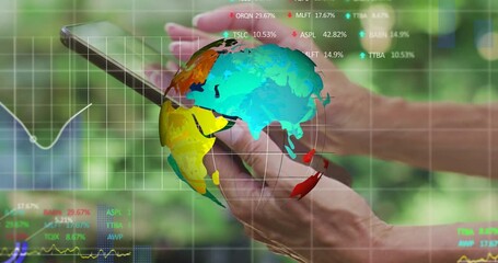 Poster - Animation of globe and hand of caucasian woman holding tablet over financial graphs