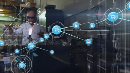 Poster - Animation of network of connections over caucasian male lab worker