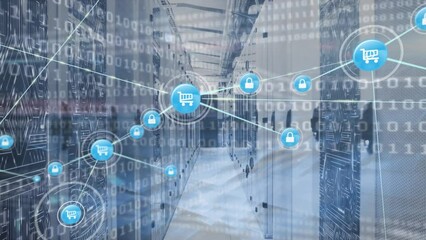 Poster - Animation of network of connections with icons over servers