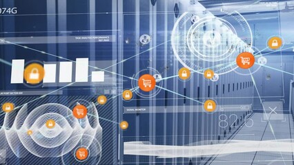 Poster - Animation of network of connections with icons and diverse data over servers