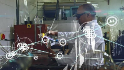 Poster - Animation of network of connections with icons over caucasian male lab worker