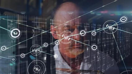 Poster - Animation of network of connections with icons over caucasian senior male lab worker