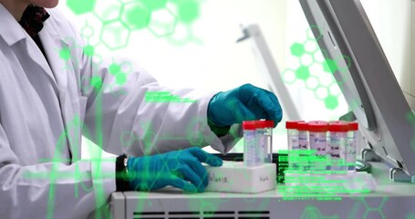 Poster - Animation of scientific data processing over hands of caucasian male lab worker with samples