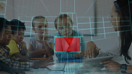Poster - Animation of digital screen over biracial female teacher and class of diverse pupils