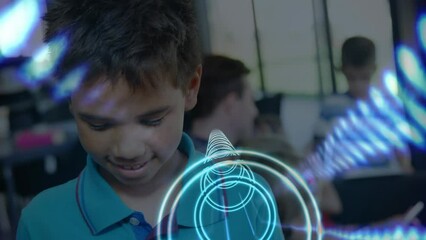 Sticker - Animation of circles and lights over happy biracial boy at school