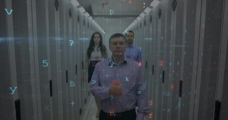 Poster - Animation of data processing over computer servers and caucasian male and female it engineer