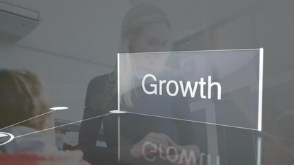 Sticker - Animation of business, growth and innovation over caucasian female teacher during lessons