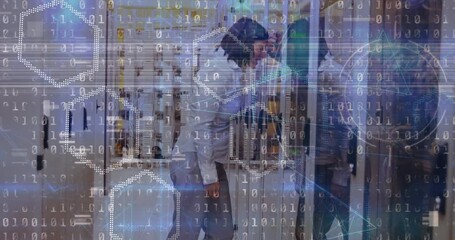 Poster - Animation of binary coding data over computer servers and tired caucasian female it engineer