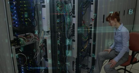 Poster - Animation of warning text, data processing over computer servers and caucasian female it engineer