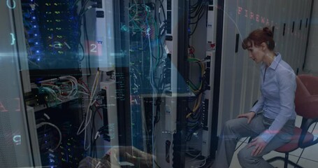 Poster - Animation of data processing over computer servers and caucasian female it engineer