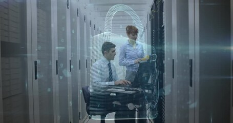 Poster - Animation of data processing over computer servers and caucasian male and female it engineer