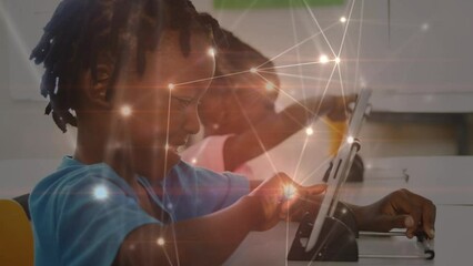 Poster - Animation of network of connections over african american group of pupils using technology
