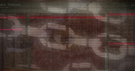 Poster - Animation of network of connections and data processing over eye of caucasian man and server room