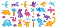 Baby Dinosaur. Cute Adorable Little Dragon Character, Childish Jurassic Mascot Cipart Collection, Funny Kids Toy Dragon. Vector Isolated Set