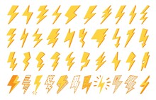 Flash Icon. Lightning Strike Clipart Symbol, Electric Power And Electricity Logo, Nature Thunderbolt Yellow Shape. Vector Isolated Thunder Light Pictogram Set