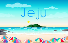Jeju Summer Beach Poster Vector Illustration. Beautiful Jeju Landscape