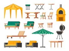 Garden Furniture. Cartoon Wooden Patio Chair Table And Sofa, Lounge Outdoor Terrace Icons, Backyard Umbrella And Barbecue Grill. Vector Isolated Set