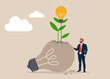 Entrepreneur look at seedling bright light bulb idea plant grow from broken one. Fail to success, aspiration and effort to invent new innovation, learn from mistake or motivation to success.