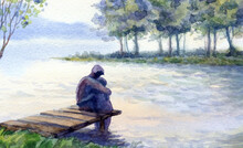 Watercolor Landscape. Father And Son By The Lake