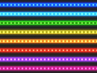 Leinwandbilder - LED light strip. Realistic colorful ribbon with glowing effect, green red blue yellow purple and violet illuminated strip set. Vector light decoration collection