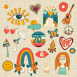 Set 1970s good vibe groovy elements. Cute retro hippie and psychedelic stickers clipart.