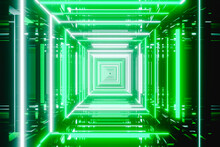 Abstract Green Fractal Neon Background With Lines And Strips. 3d Illustration