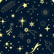 © Tartila - Starry night pattern. Seamless print with shooting star and falling comet, night sky with cosmos landscape. Vector texture