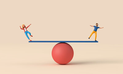 Aufkleber - Man and woman balancing on a seesaw. 3D Rendering