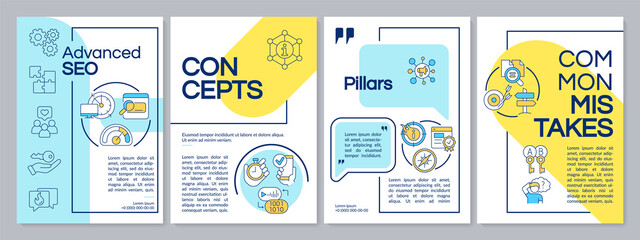Search engine optimization blue and yellow brochure template. Leaflet design with linear icons. Editable 4 vector layouts for presentation, annual reports. Questrial, Lato-Regular fonts used