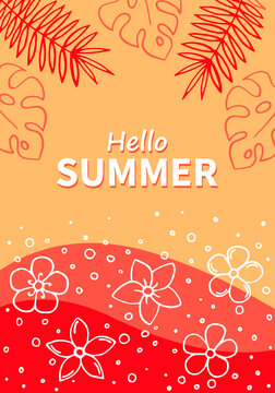 Hand drawn summer poster with tropical leaves. Summer holidays cards.