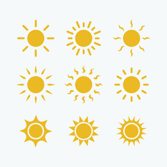 Poster - Yellow sun vector icon set. Isolated sunshine icon vector design. Designed for web and app design interfaces.