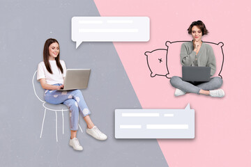 Poster - Composite collage portrait of two people use wireless netbook communicate share messages isolated on creative background