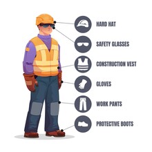 Worker In Safety Equipment. Construction Engineer Wearing Protective Clothes And Tools, Helmet Boots Glasses. Vector Workman Safety Gear Illustration