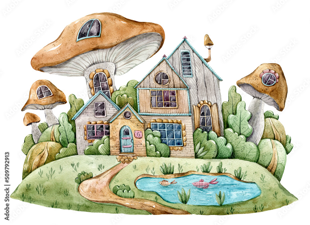 Watercolor cute cartoon mushroom house illustration on white background ...
