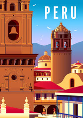 Wall Mural - Cityscape with old catholic cathedrals, old houses and churches in the background. Handmade drawing vector illustration. Peru retro travel poster design.