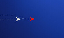 Red Paper Plane Overtakes Another White Paper Plane On Blue Background. Innovation Concept.