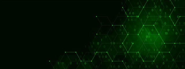 Poster - Vector neon information background frame. Computer technology design. Texture of hexagons, circles, spheres, icons of numbers, dots. Binary system. Digital communication. Poster technology, business.