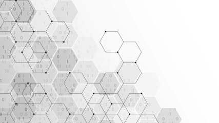 Poster - Vector halftone information background frame. Computer technology design. Texture of hexagons, circles, zeros and ones, dots, lines. Binary system. Digital network. Poster for technology, business.