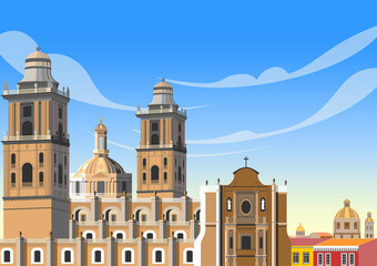 Wall Mural - Cityscape with old catholic cathedral, old houses and churches in the background. Handmade drawing vector illustration.