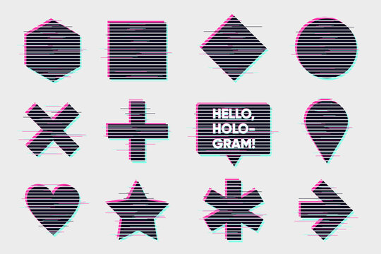Virtual reality hologram banners. Vector signs set with glitch effect. Abstract geometric shapes collection.