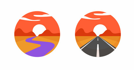 Logo of travel road way and path river trail in wild nature valley desert landscape icon modern design vector, pathway graphic print art flat illustration, horizon and sunrise, sunset dawn view image