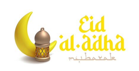 Wall Mural - Eid al Adha mubarak horizontal banner, template header for website. Realistic 3d cartoon cute design bronze fanous. Traditional religious symbol crescent, gold lantern fanoos. Arabic Eid Adha mubarak