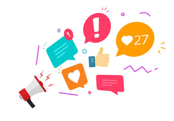 Poster - Social media marketing network concept vector for digital internet strategy online content with chat messages, likes notices and comments graphic flat cartoon illustration image