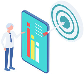 Poster - digital analytics, statistical indicators infographic. man employee works with data analysis and sta