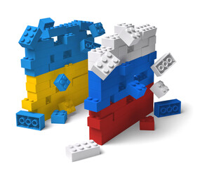 Wall Mural - Plastic toy buildings block wall with Ukraine and Russia flag colors collapsing 3D