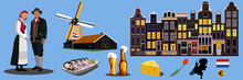 Netherlands Country Illustration Set. Characters In National Costume. Houseboats In Amsterdam, Herring With Pickles, Windmill, Mug And Bottle Of Beer, Cheese, Tulips, Netherlands Map And Flag